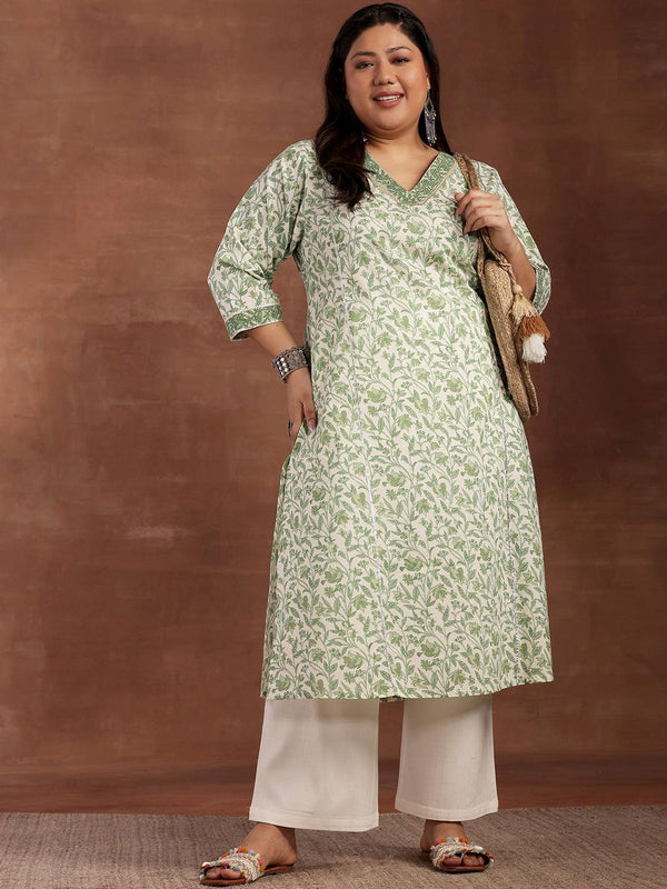 Plus Size Green Printed Cotton Kurta - Jashvi