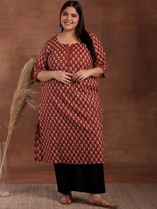 Plus Size Maroon Printed Cotton Kurta - Jashvi