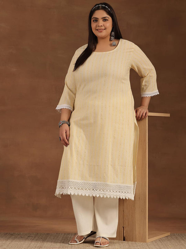 Plus Size Yellow Printed Cotton Straight Kurta