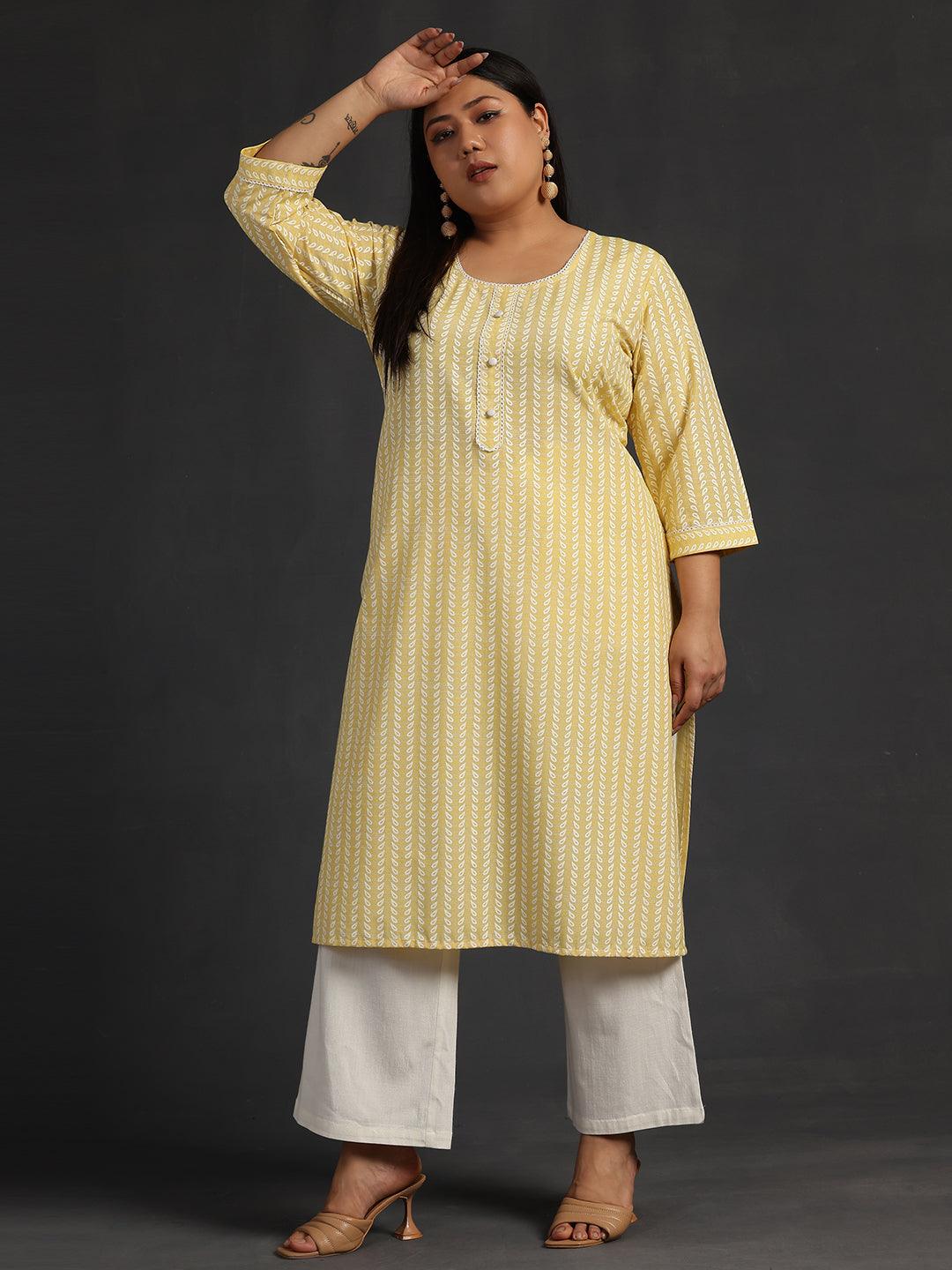 Plus Size Yellow Printed Cotton Straight Kurta - Jashvi