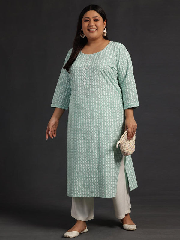 Plus Size Green Printed Cotton Straight Kurta - Jashvi