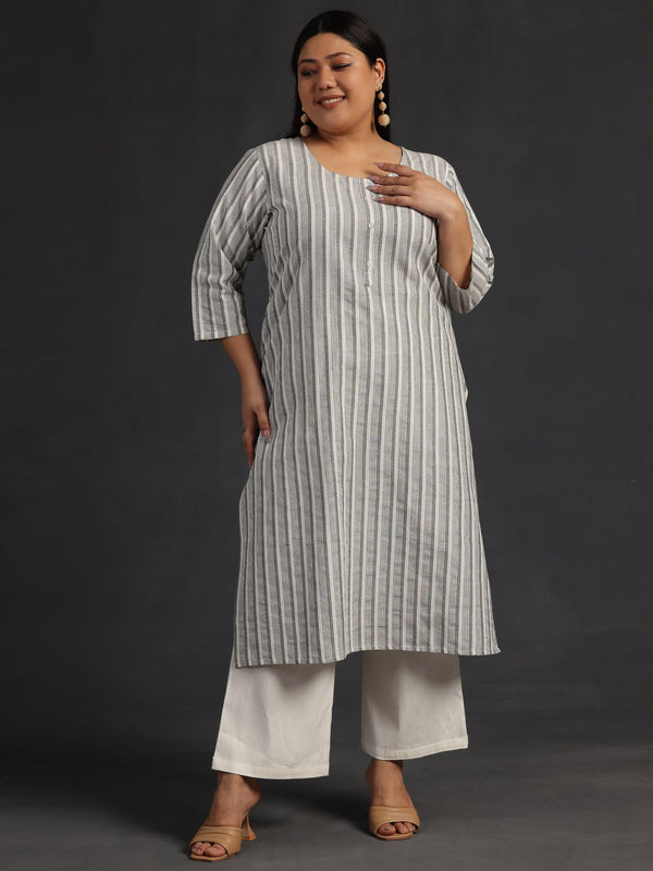 Plus Size Off White Printed Cotton Straight Kurta - Jashvi