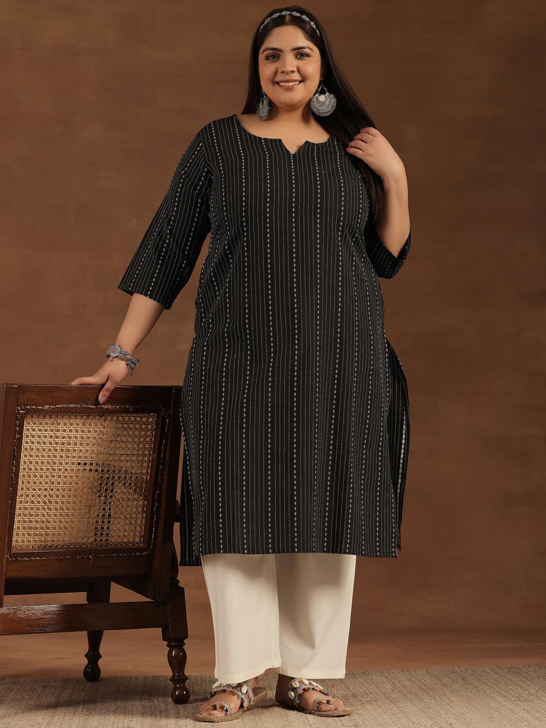 Plus Size Black Printed Cotton Straight Kurta - Jashvi