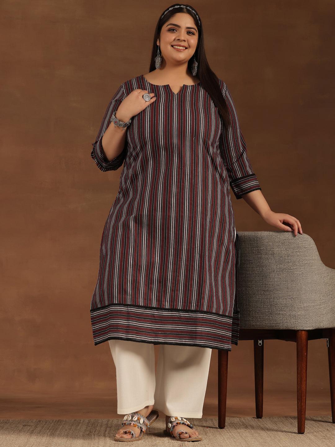 Plus Size Maroon Printed Cotton Straight Kurta - Jashvi