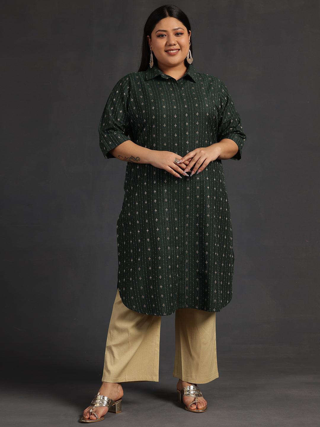 Plus Size Green Woven Design Cotton Straight Kurta - Jashvi