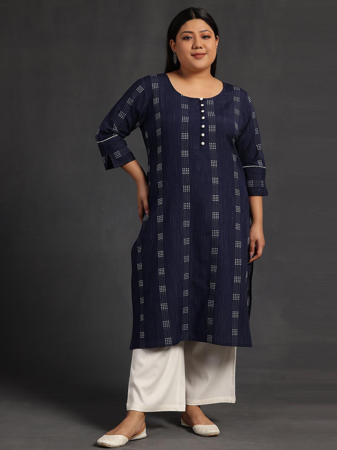 Plus Size Blue Woven Design Cotton Straight Kurta - Jashvi