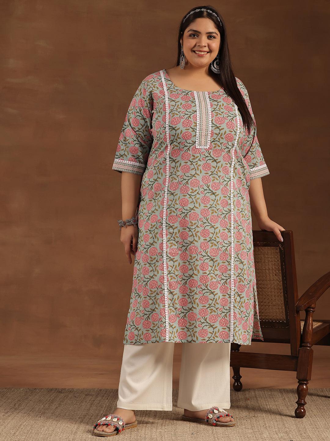 Plus Size Blue Printed Cotton Straight Kurta - Jashvi