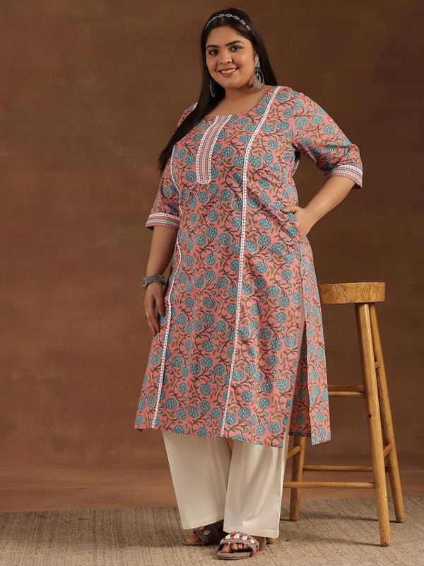 Plus Size Pink Printed Cotton Straight Kurta - Jashvi