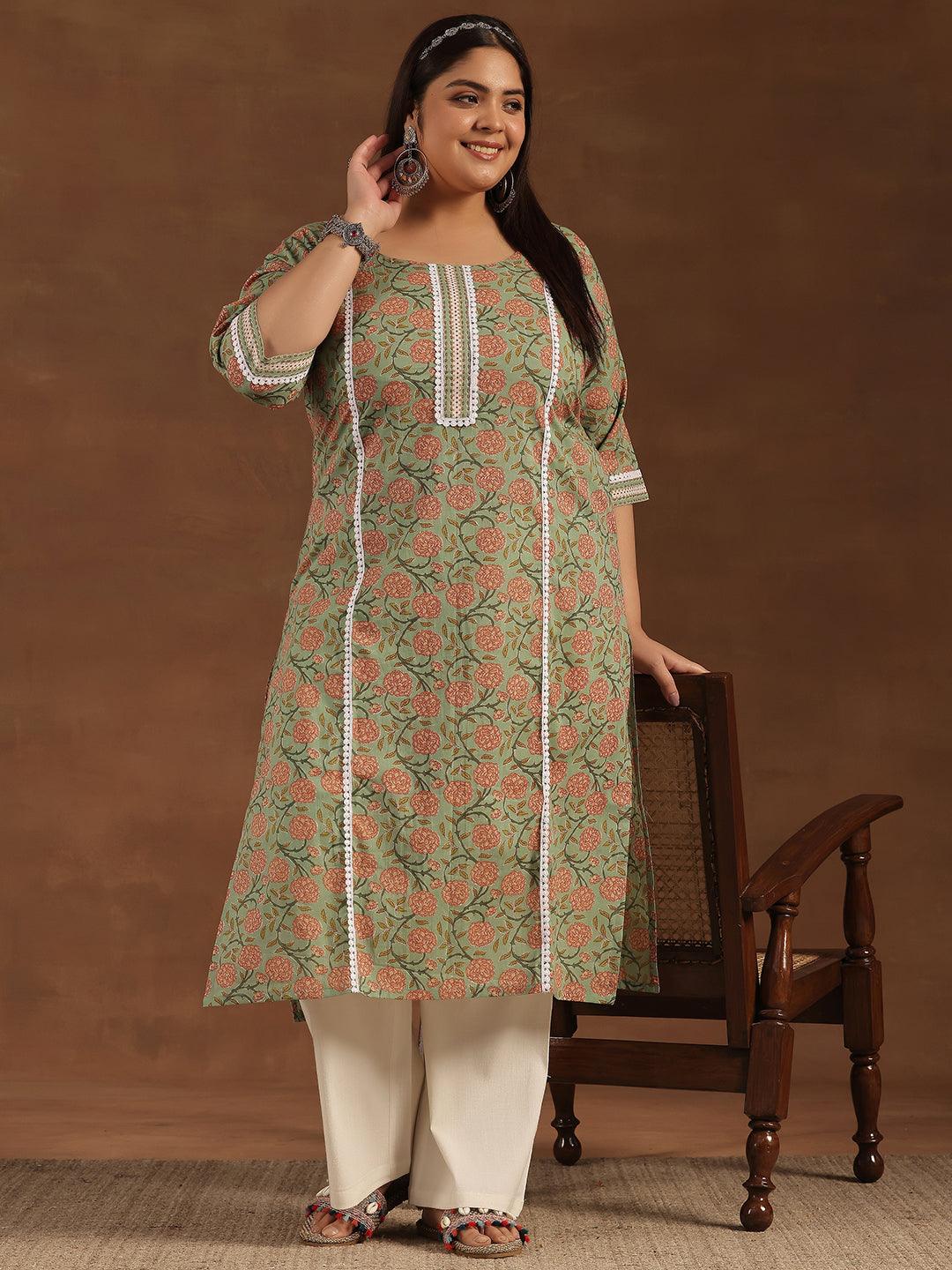 Plus Size Green Printed Cotton Straight Kurta - Jashvi