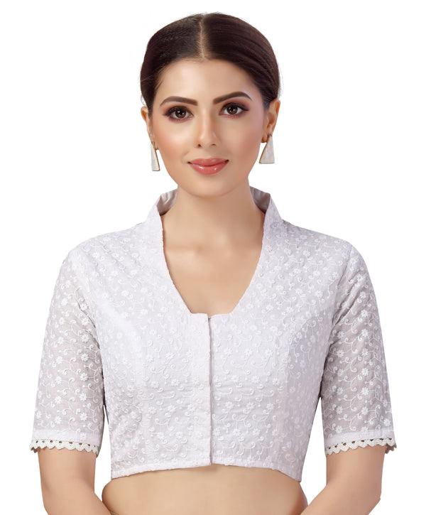 Women's Cotton Elbow Length Sleeves Chikankari Glass Neck With Saree Blouse. - Shringaar