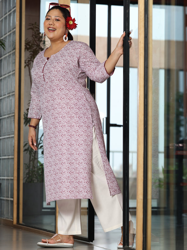 Plus Size Maroon Printed Cotton Straight Kurta