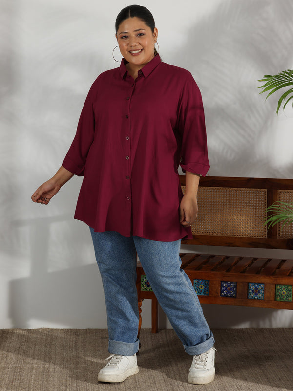 Plus Size Maroon Solid Rayon A-Line Kurti