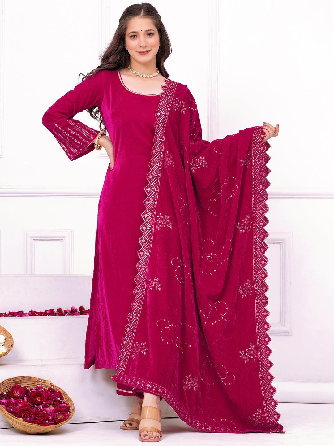 Pink Solid Velvet Straight Suit With Dupatta - Jashvi