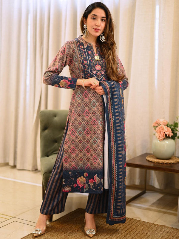 Multicoloured Printed Wool Blend Straight Suit With Dupatta