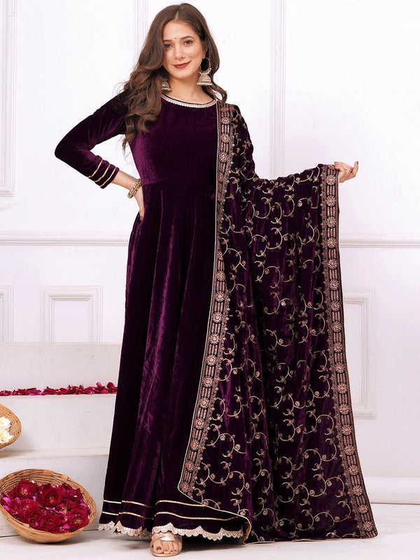 Wine Solid Velvet Anarkali Suit With Dupatta