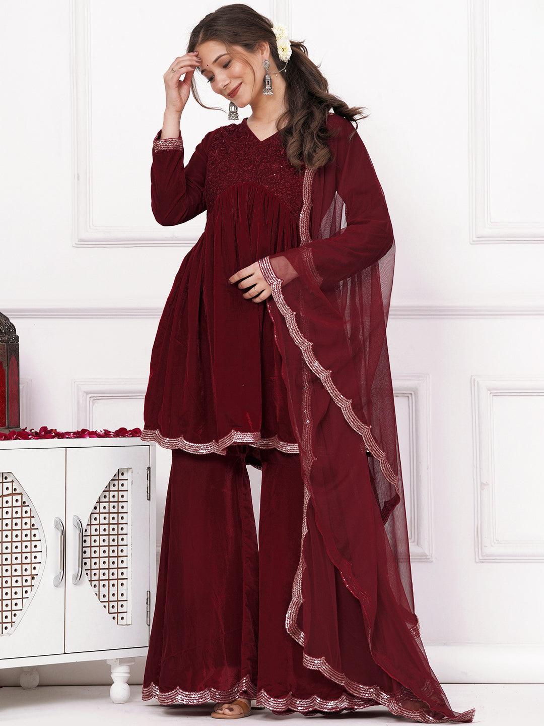 Maroon Embroidered Velvet A-Line Kurti With Sharara & Dupatta - Jashvi