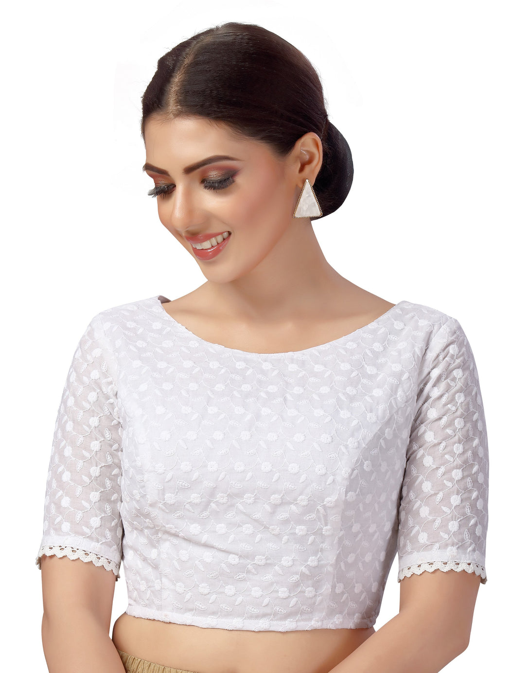 Women'S Chikankari Cotton Readymade Saree Blouse With Elbow Length Sleeves - Shringaar