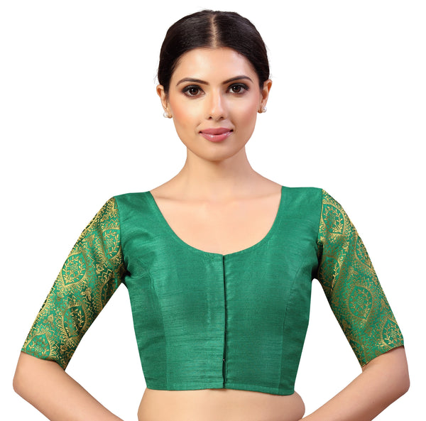 Women's s Elbow Length Sleeves Silky Saree Blouse with Brocade Sleeves. - Shringaar