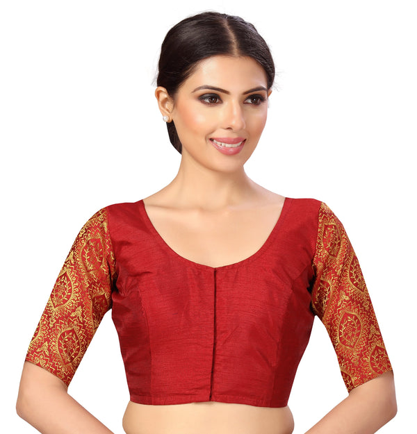 Women's s Elbow Length Sleeves Silky Saree Blouse with Brocade Sleeves. - Shringaar