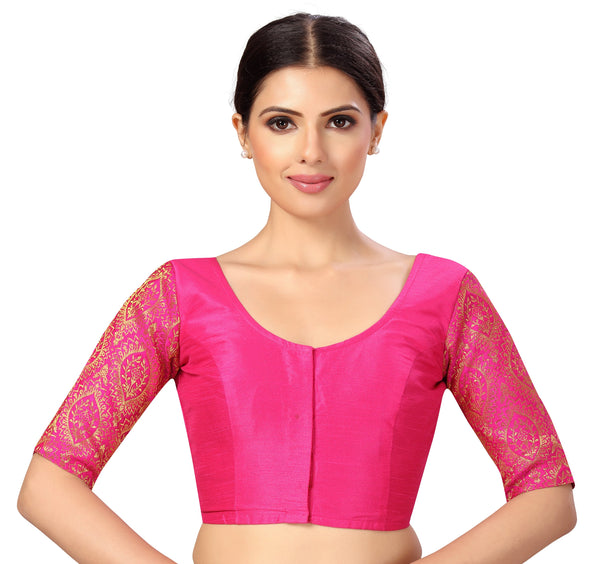 Women's s Elbow Length Sleeves Silky Saree Blouse with Brocade Sleeves. - Shringaar