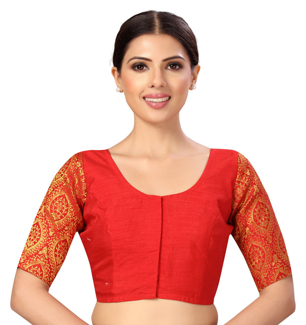 Women's s Elbow Length Sleeves Silky Saree Blouse with Brocade Sleeves. - Shringaar