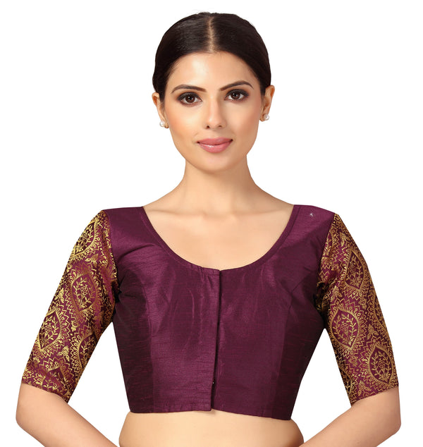 Women's s Elbow Length Sleeves Silky Saree Blouse with Brocade Sleeves. - Shringaar