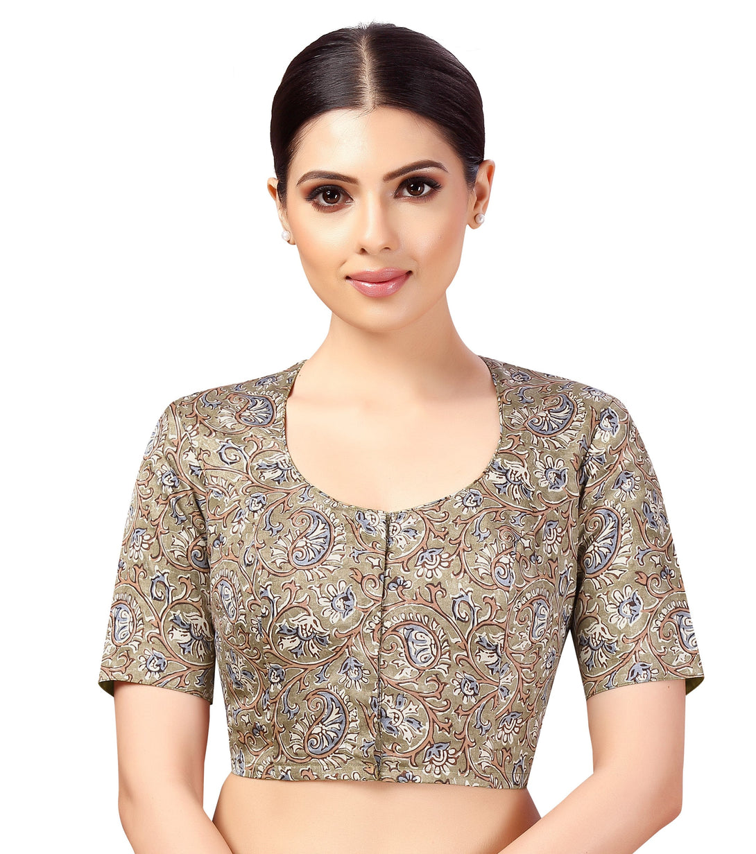 Women's Polyester Readymade Tassar Silk Kalamkari Printed Saree Blouse With Short Sleeves. - Shringaar