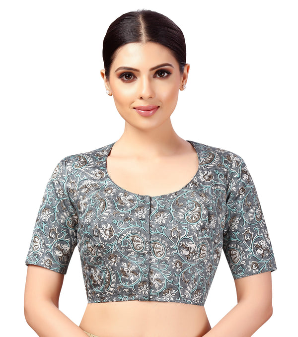 Women's Polyester Readymade Tassar Silk Kalamkari Printed Saree Blouse With Short Sleeves. - Shringaar