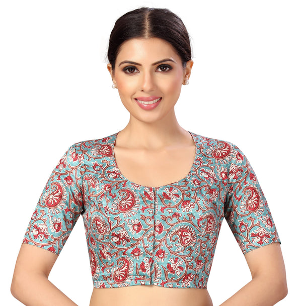 Women's Polyester Readymade Tassar Silk Kalamkari Printed Saree Blouse With Short Sleeves. - Shringaar