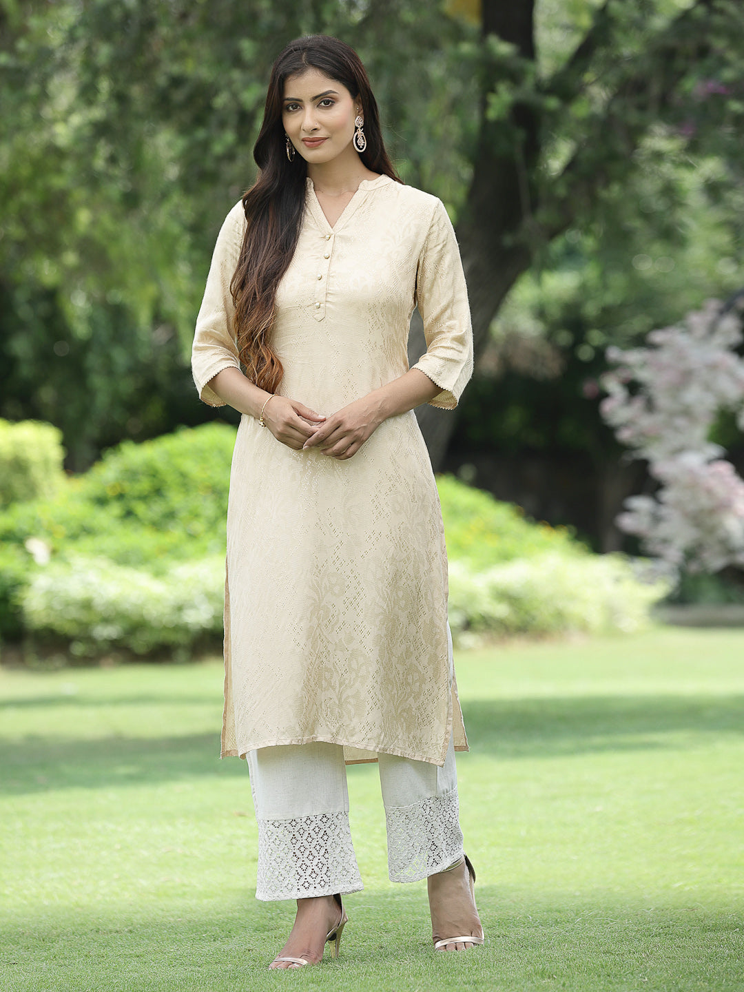 Women's Ivory Rayon Jacquard Woven - Jacquard Straight Kurta - Juniper