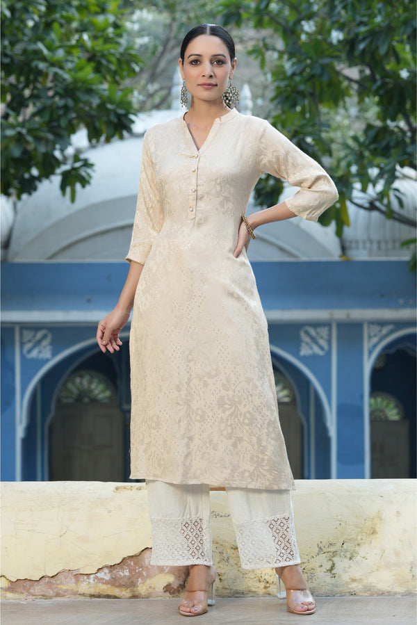 Jashvi Ivory Ethnic Motif Printed Rayon Jacquard Kurta