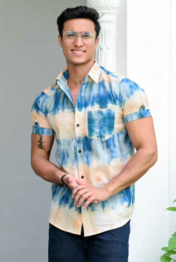 Men's Blue & Beige Hand Dyed Cotton Shirt - Hatheli