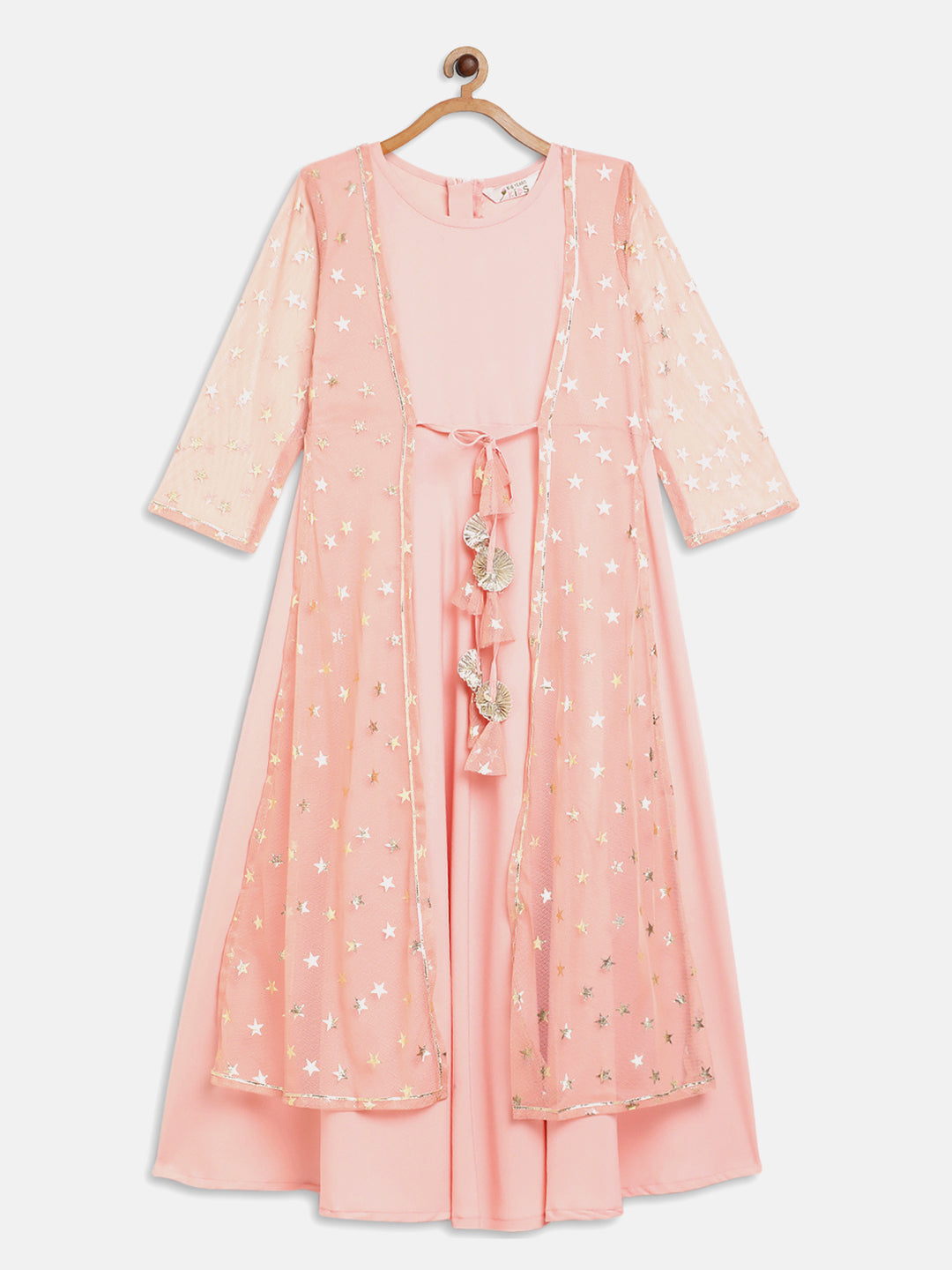 Pink Crepe & Net Foil Print Kids Dress - Ahalyaa Girls