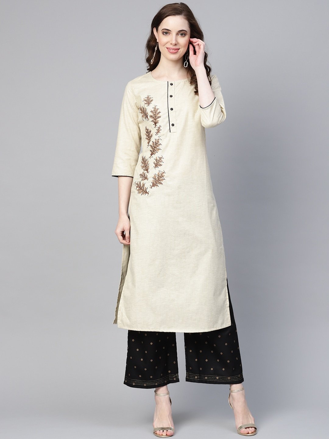 Women's Beige & Black Straight Kurta - Yufta