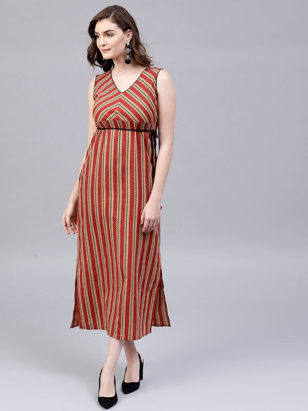 Women's  Rust Red & Beige Striped Empire Dress - AKS