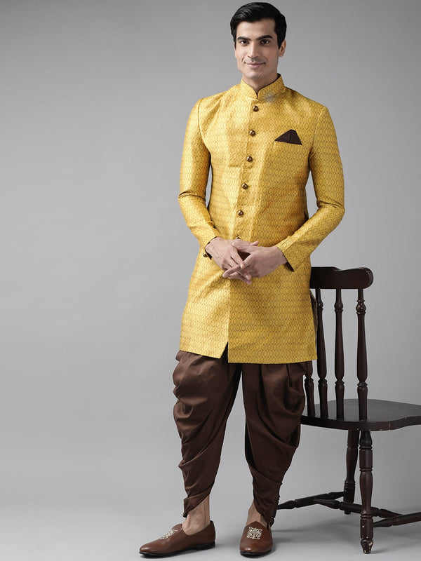 Jashvi Men's Mustard Yellow And Coffee Silk Blend Sherwani Set