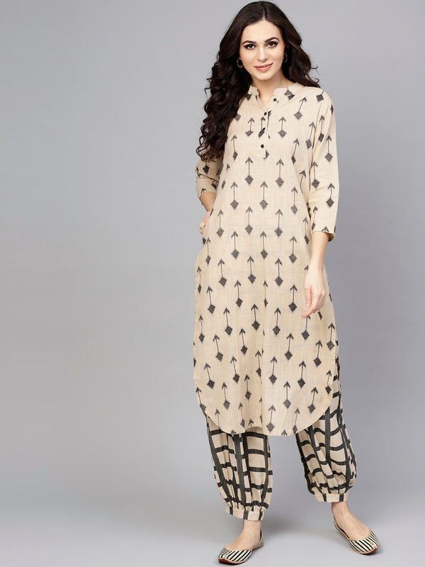 Women's Beige & Grey Printed Kurta with Salwar-AKS