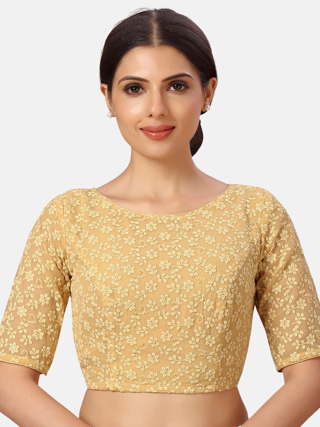 Women's Readymade Beige Georgette Chikankari Saree Blouse With Short Sleeves. - Shringaar