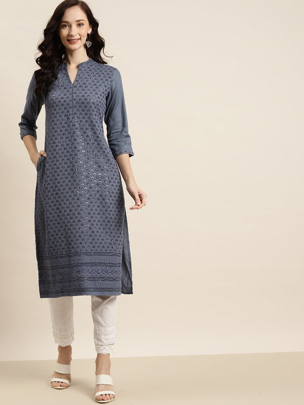 Women's Rayon Embroidered Straight Kurta - Juniper