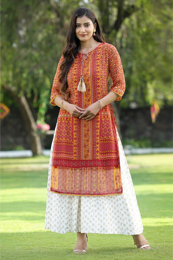 Jashvi Mustard Chiffon Ethnic Motif Printed Straight Kurta With Tie-Ups