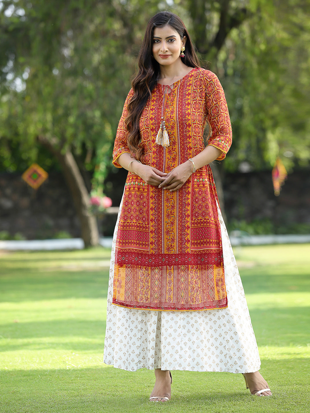 Women's Mustard Chiffon Printed Straight Kurta - Juniper