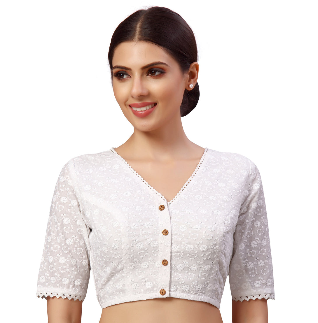 Women'S Chikankari Cotton Readymade Saree Blouse With Elbow Length Sleeves - Shringaar