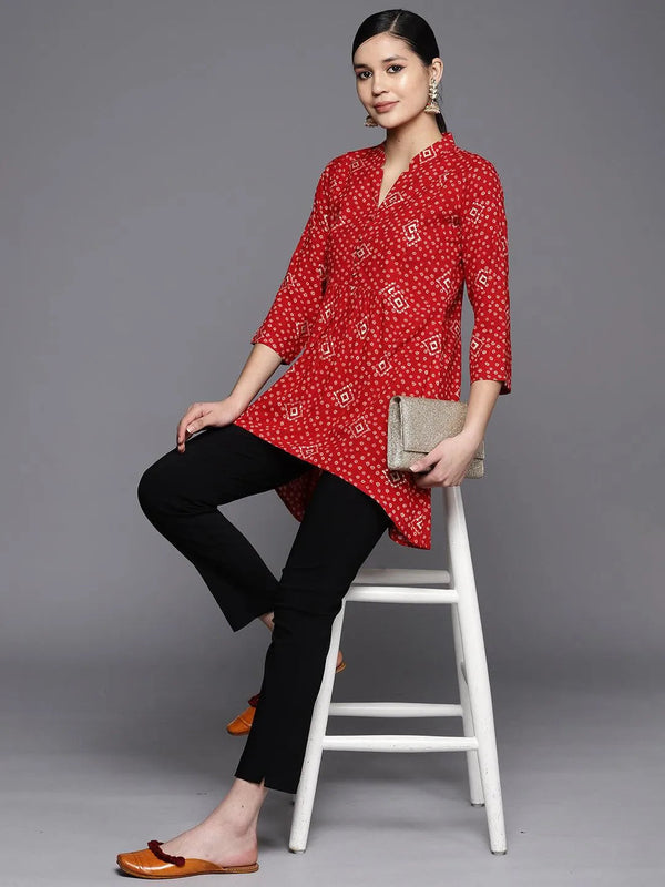 Red Printed Rayon A-Line Kurti