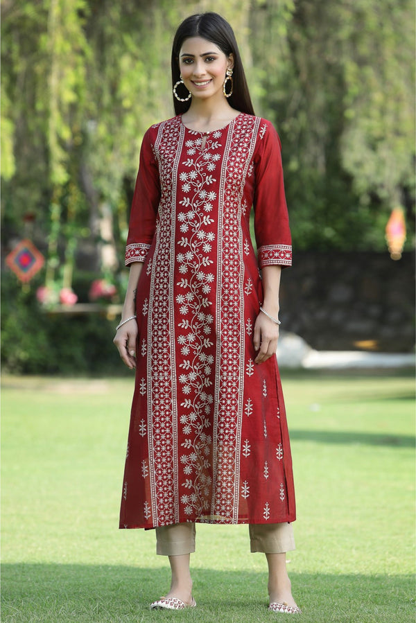 Jashvi Maroon Ethnic Motif Printed Modal Chanderi Kurta With Buttons.