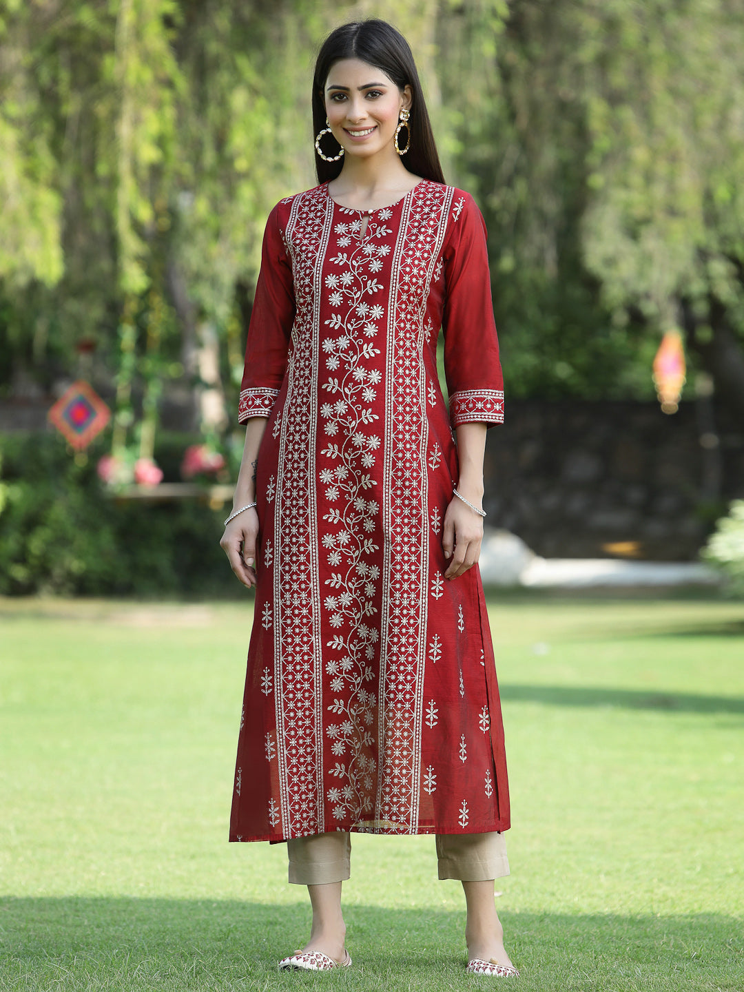 Women's Maroon Modal Chanderi Printed Straight Kurta - Juniper