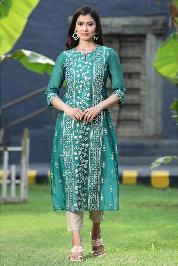 Jashvi Rama Green Ethnic Motif Printed Modal Chanderi Kurta With Buttons.