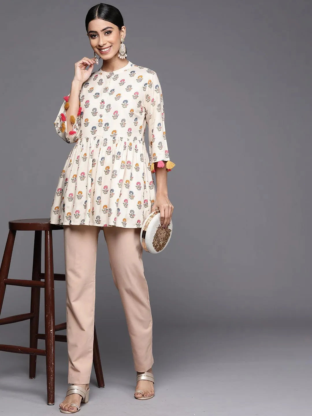 Off White Printed Rayon A-Line Kurti - Jashvi