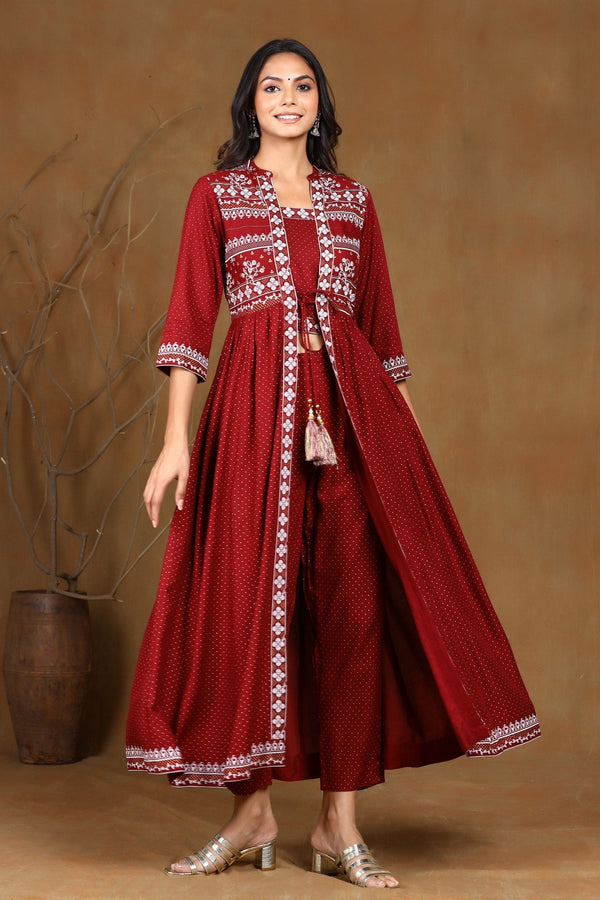 Jashvi Maroon Ethnic Motif Printed Rayon Jacket Style Kurta & Pants Set.