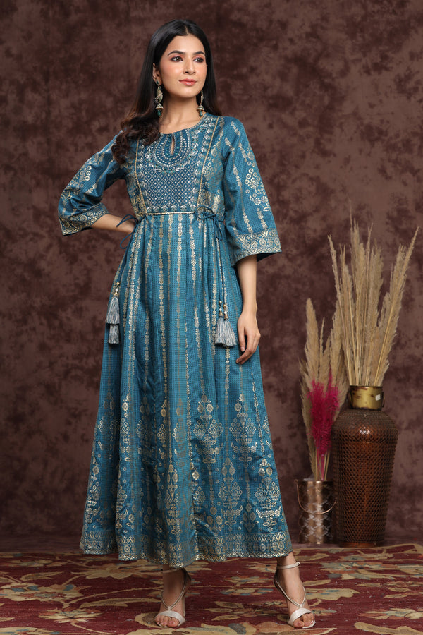 Jashvi Teal Ethnic Motif Printed Shantoon Anarkali Dress.