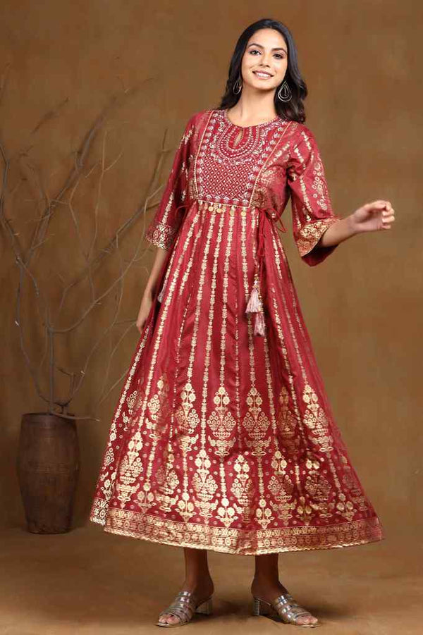 Jashvi Maroon Ethnic Motif Printed Shantoon Anarkali Dress.